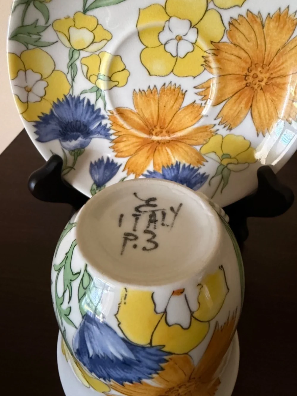 MCM Vintage SIGNED Ernestine Salerno Italy Yellow Orange Blue Tea Cup Saucer Set